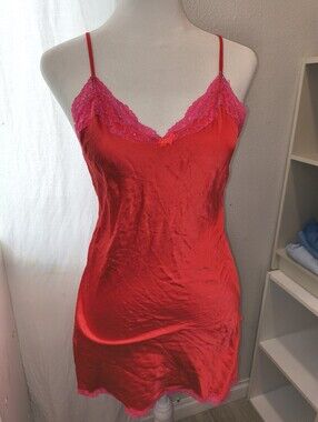 2014 Vintage Victoria's Secret Red Chemise with Pink Lace Trim